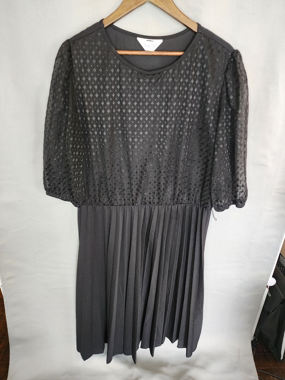 Studio 36 Black Pleated Midi Dress with Sheer Dot Bodice